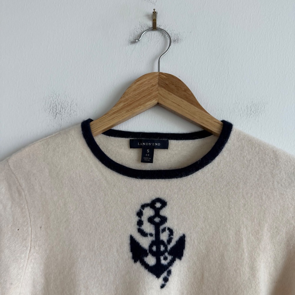 Lands End Cashmere Nautical Anchor Motif Sweater Size Small